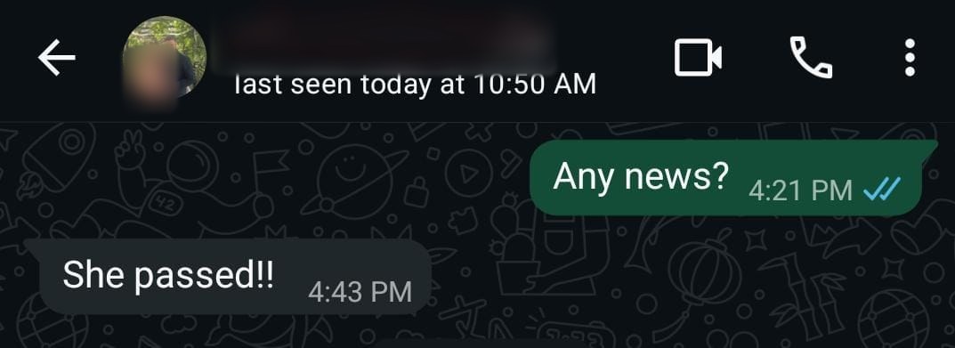 Parent message: She passed!