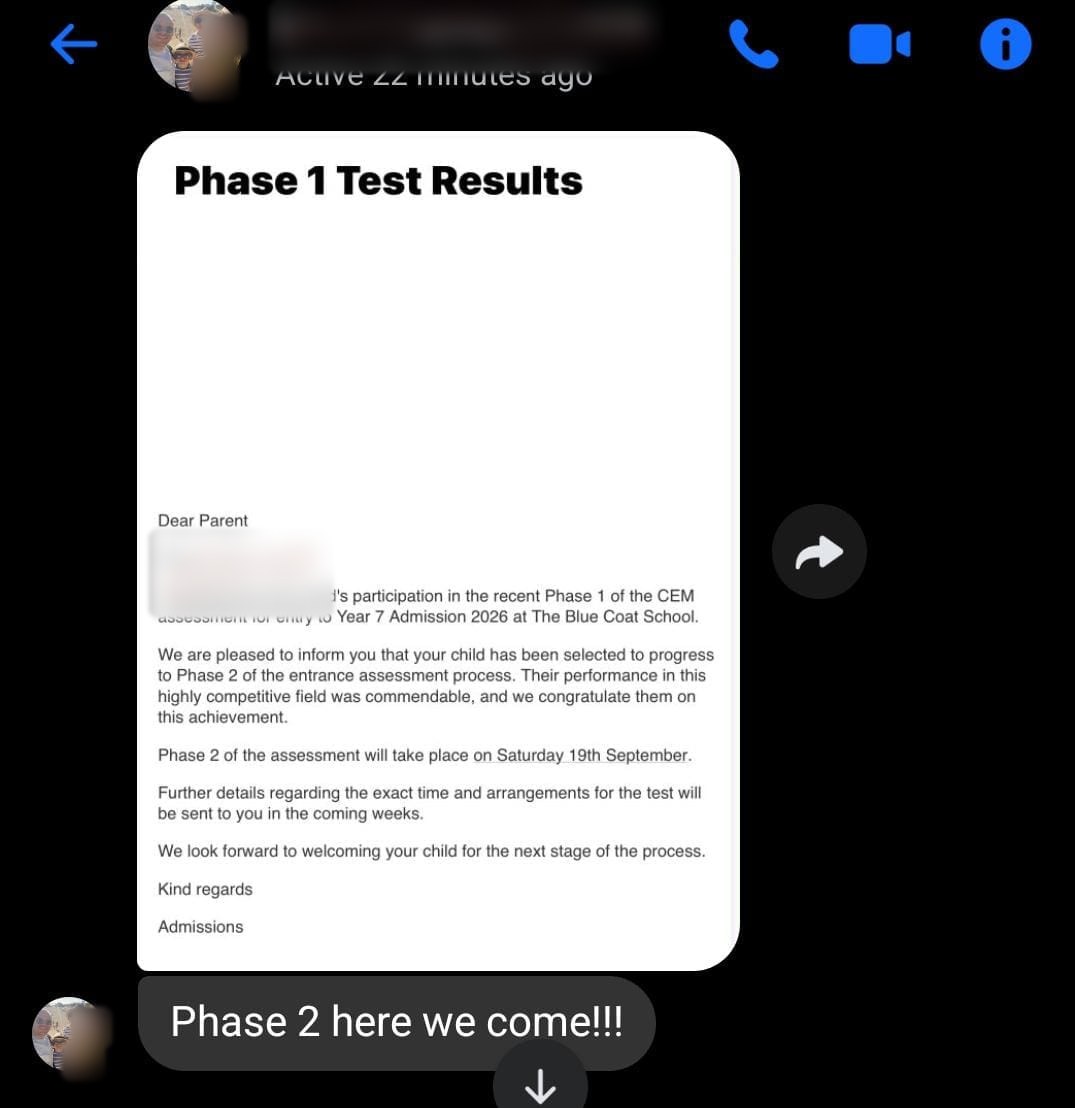 Parent message: Phase 1 test results — selected for Phase 2