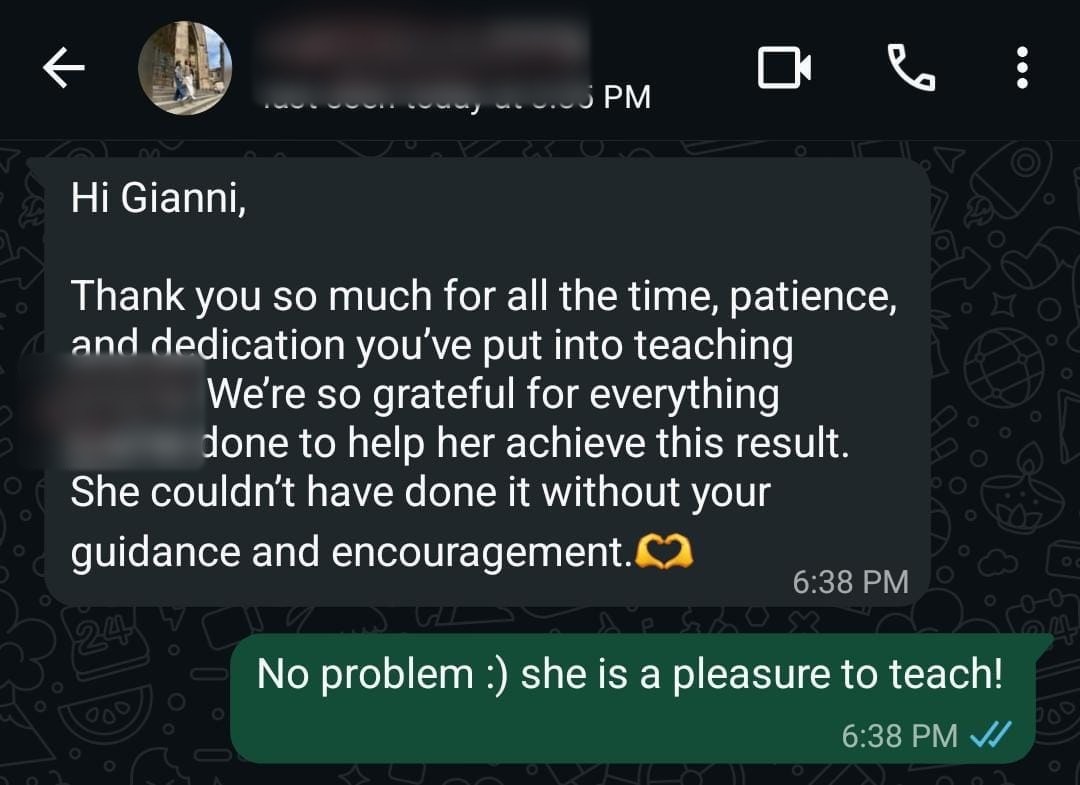 Parent message thanking Gianni for his teaching