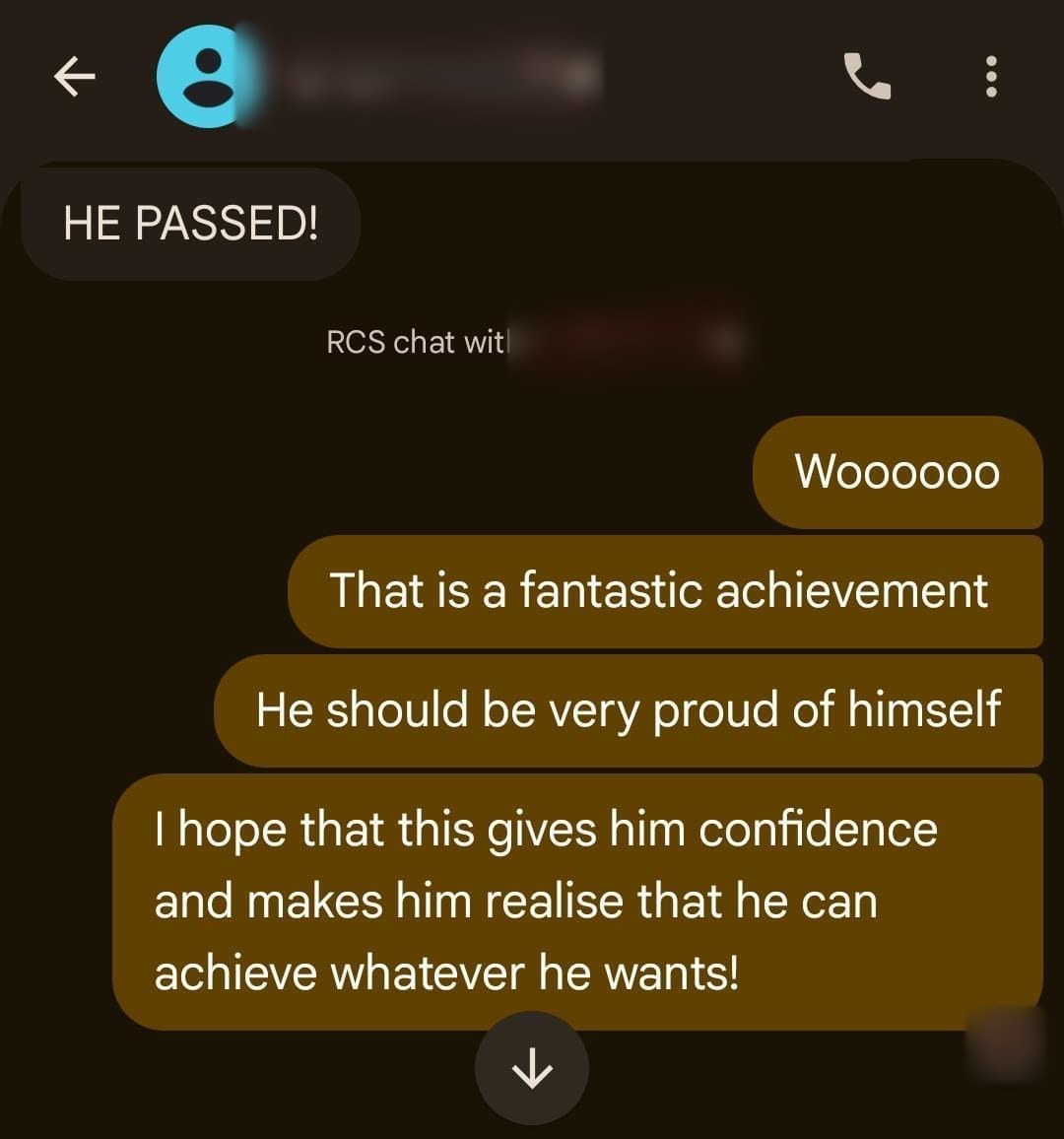 Parent message: He passed!